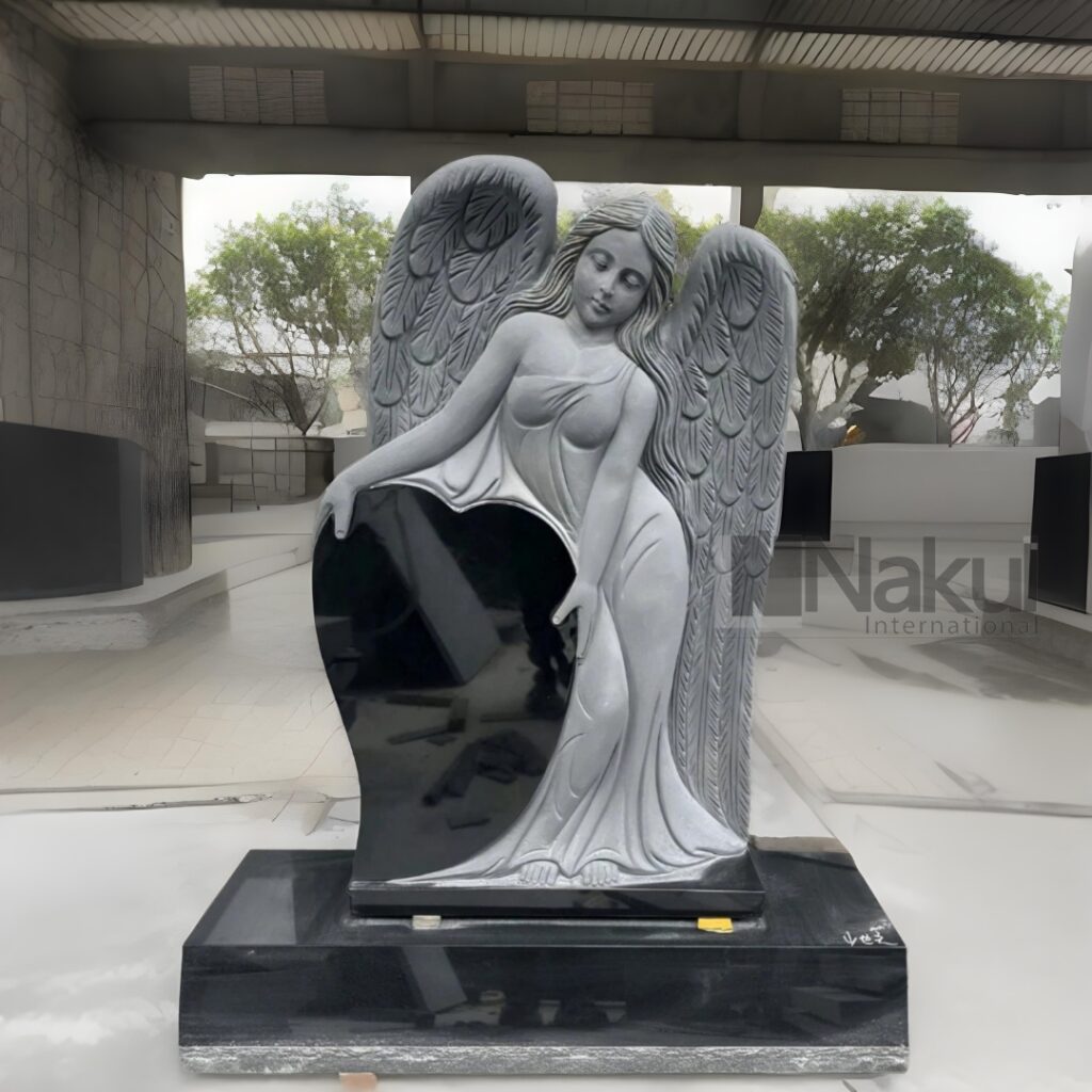Angel Engraved Black Granite Headstone Monument Angel Engraved Black Granite Headstone Monument
